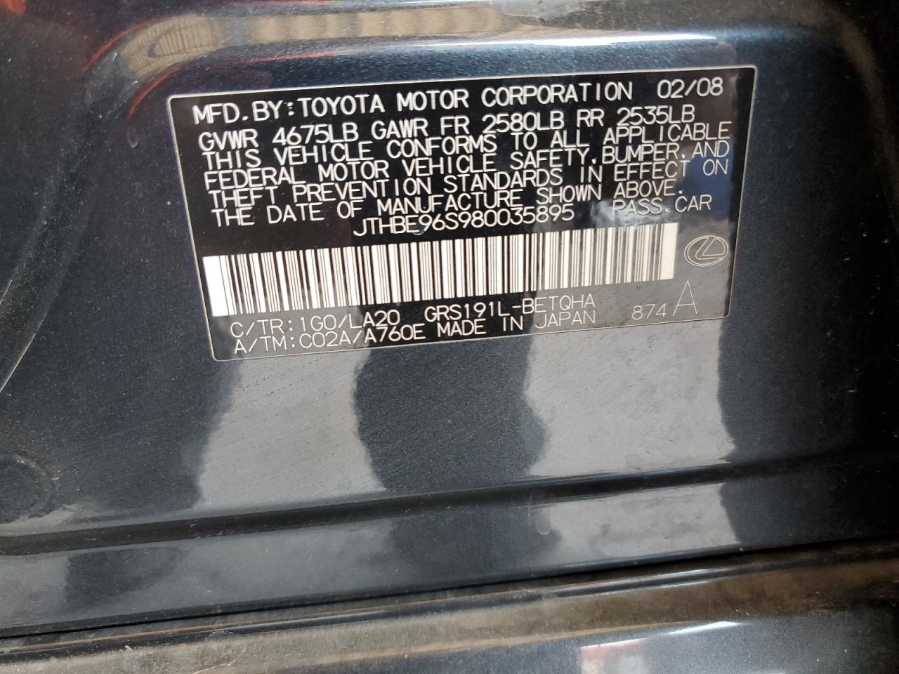 2008 Lexus Gs 350 VIN: JTHBE96S980035895 Lot: 65014705