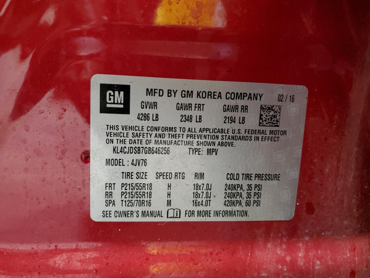 2016 Buick Encore Premium VIN: KL4CJDSB7GB646256 Lot: 63264325