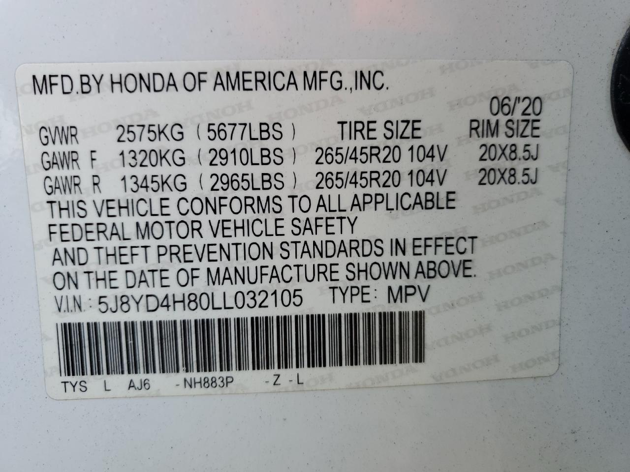 2020 Acura Mdx Advance VIN: 5J8YD4H80LL032105 Lot: 62844935