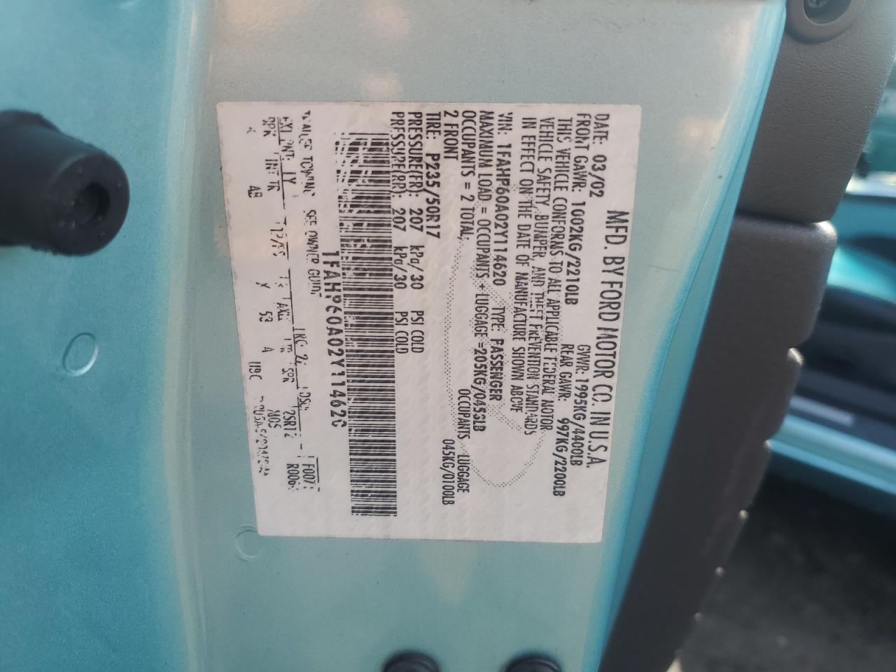 2002 Ford Thunderbird VIN: 1FAHP60A02Y114620 Lot: 66987115