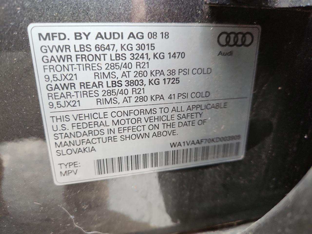 2019 Audi Q7 Prestige VIN: WA1VAAF70KD003905 Lot: 62696545