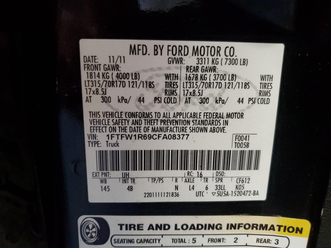 2012 Ford F150 Svt Raptor VIN: 1FTFW1R69CFA08377 Lot: 65183485