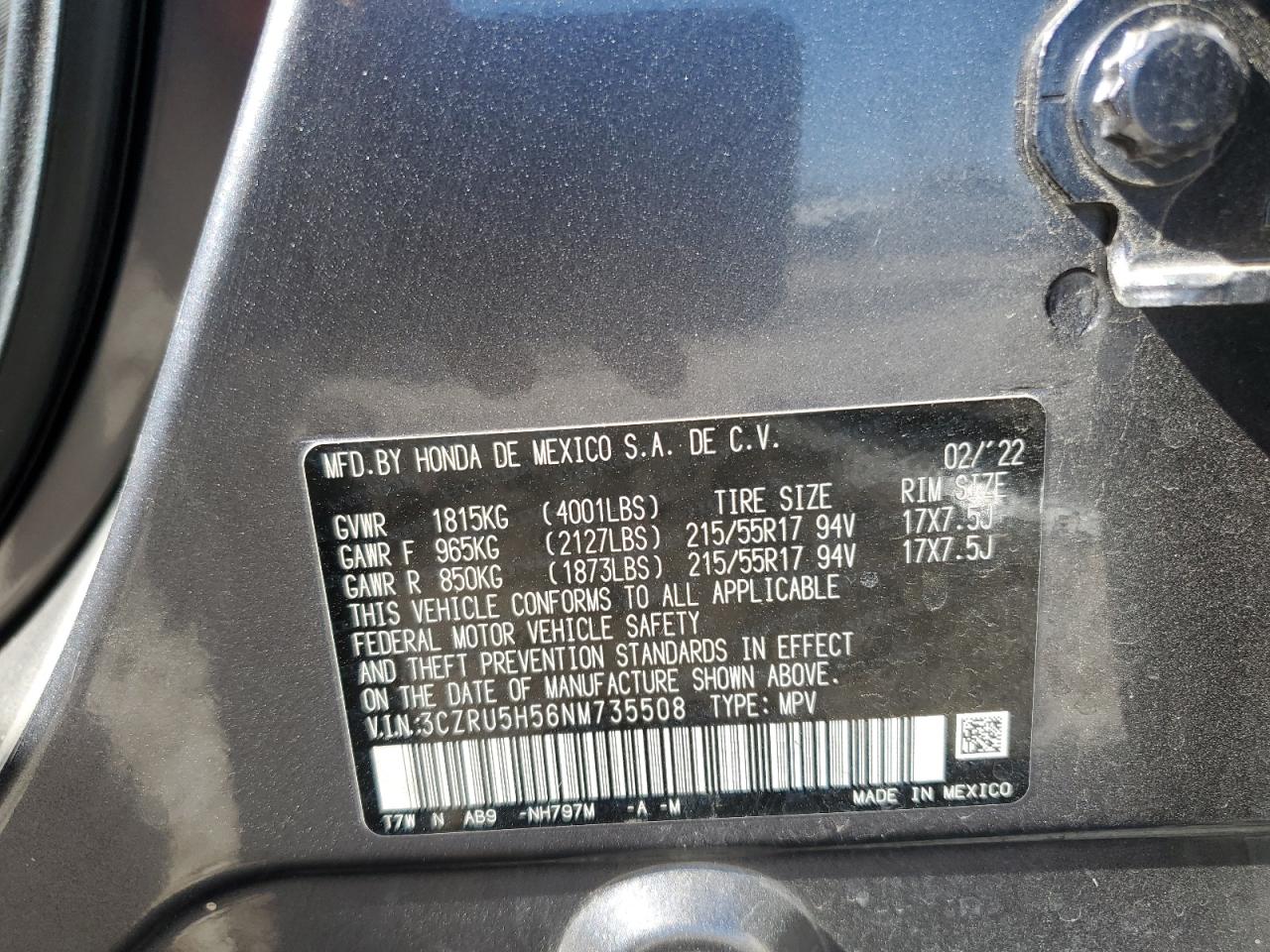 2022 Honda Hr-V Ex VIN: 3CZRU5H56NM735508 Lot: 64387895
