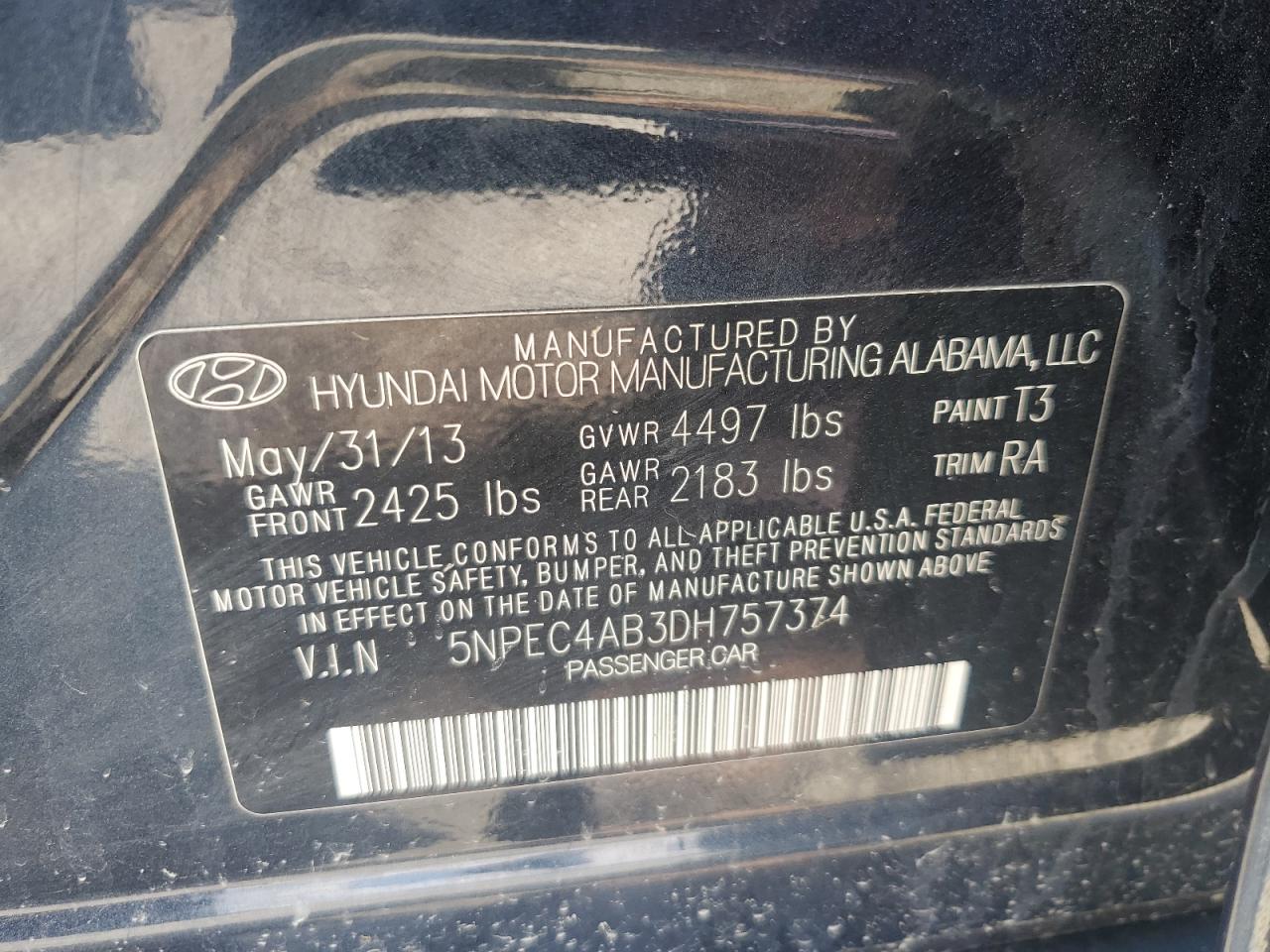 2013 Hyundai Sonata Se VIN: 5NPEC4AB3DH757374 Lot: 64471105