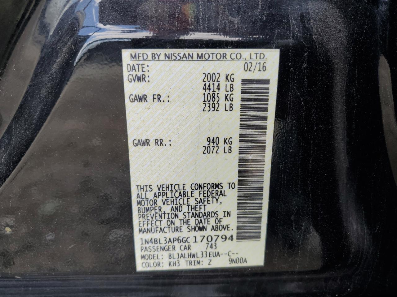 2016 Nissan Altima 3.5Sl VIN: 1N4BL3AP6GC170794 Lot: 62745485