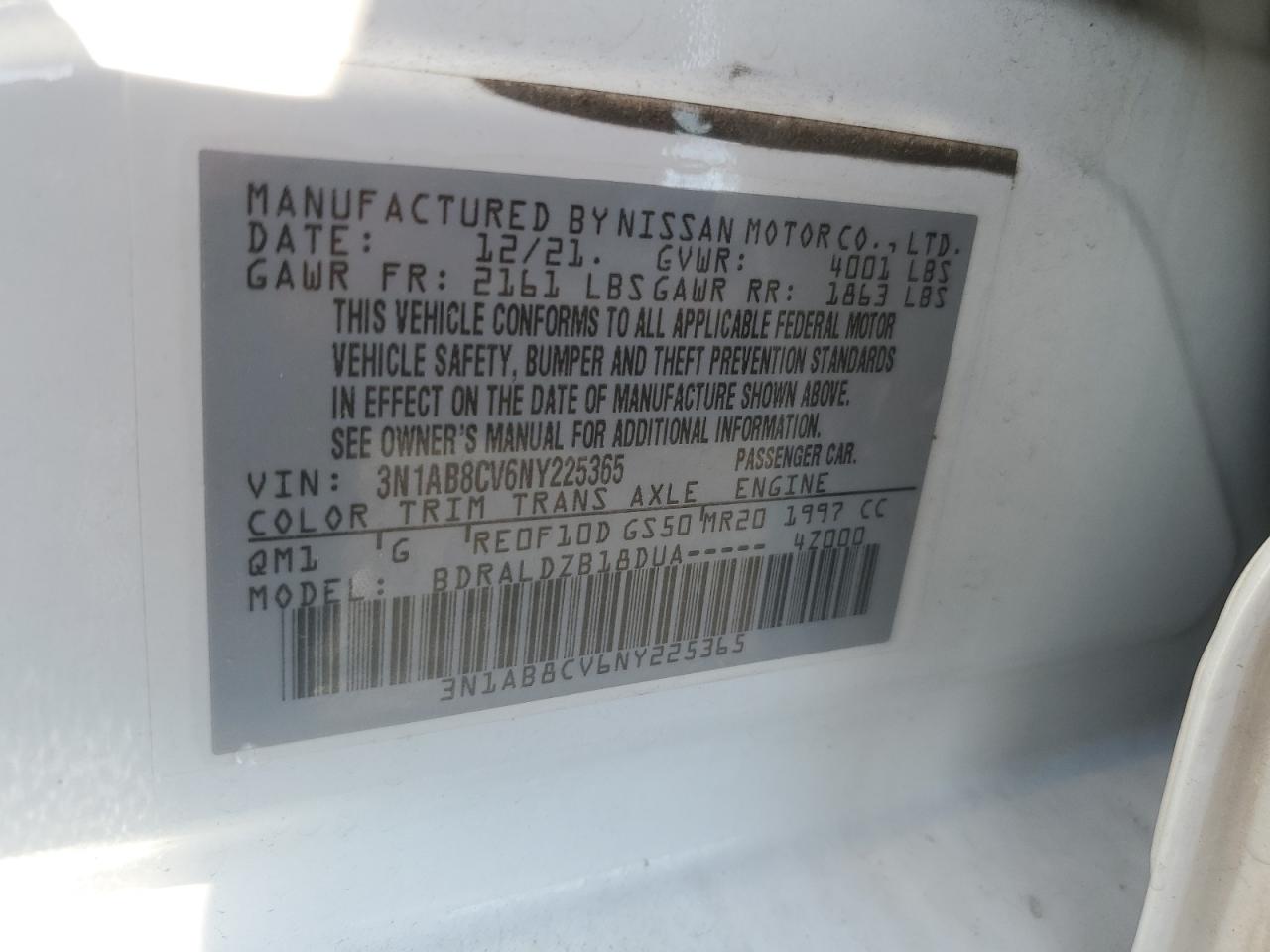 2022 Nissan Sentra Sv VIN: 3N1AB8CV6NY225365 Lot: 64566815