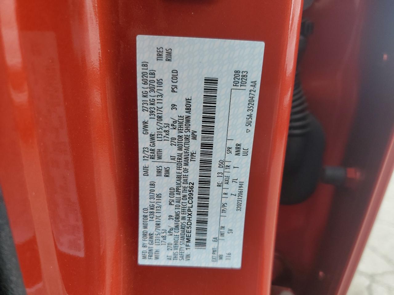 2023 Ford Bronco Base VIN: 1FMEE5DHXPLC09562 Lot: 63017865