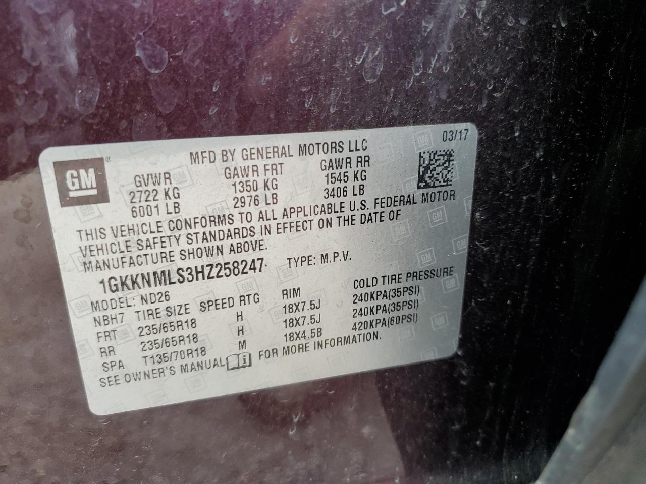 2017 GMC Acadia Slt-1 VIN: 1GKKNMLS3HZ258247 Lot: 65240845