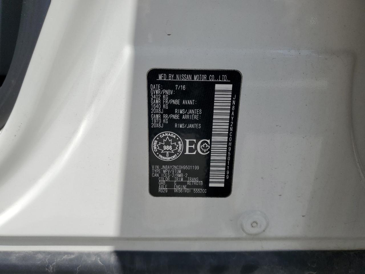 2017 Nissan Armada Sv VIN: JN8AY2NC0H9501199 Lot: 64183615