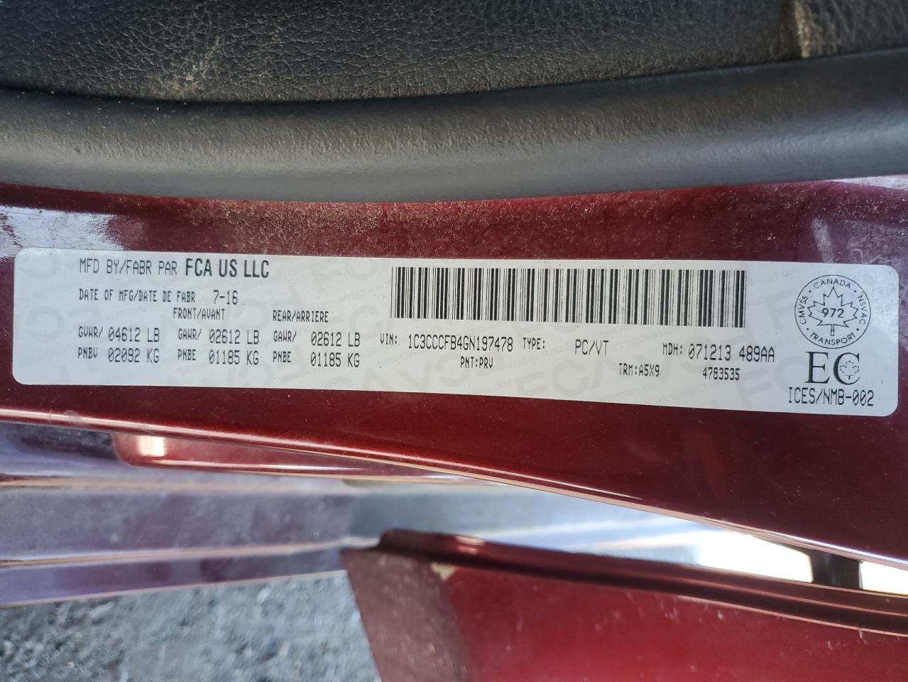 2016 Chrysler 200 Lx VIN: 1C3CCCFB4GN197478 Lot: 67028275