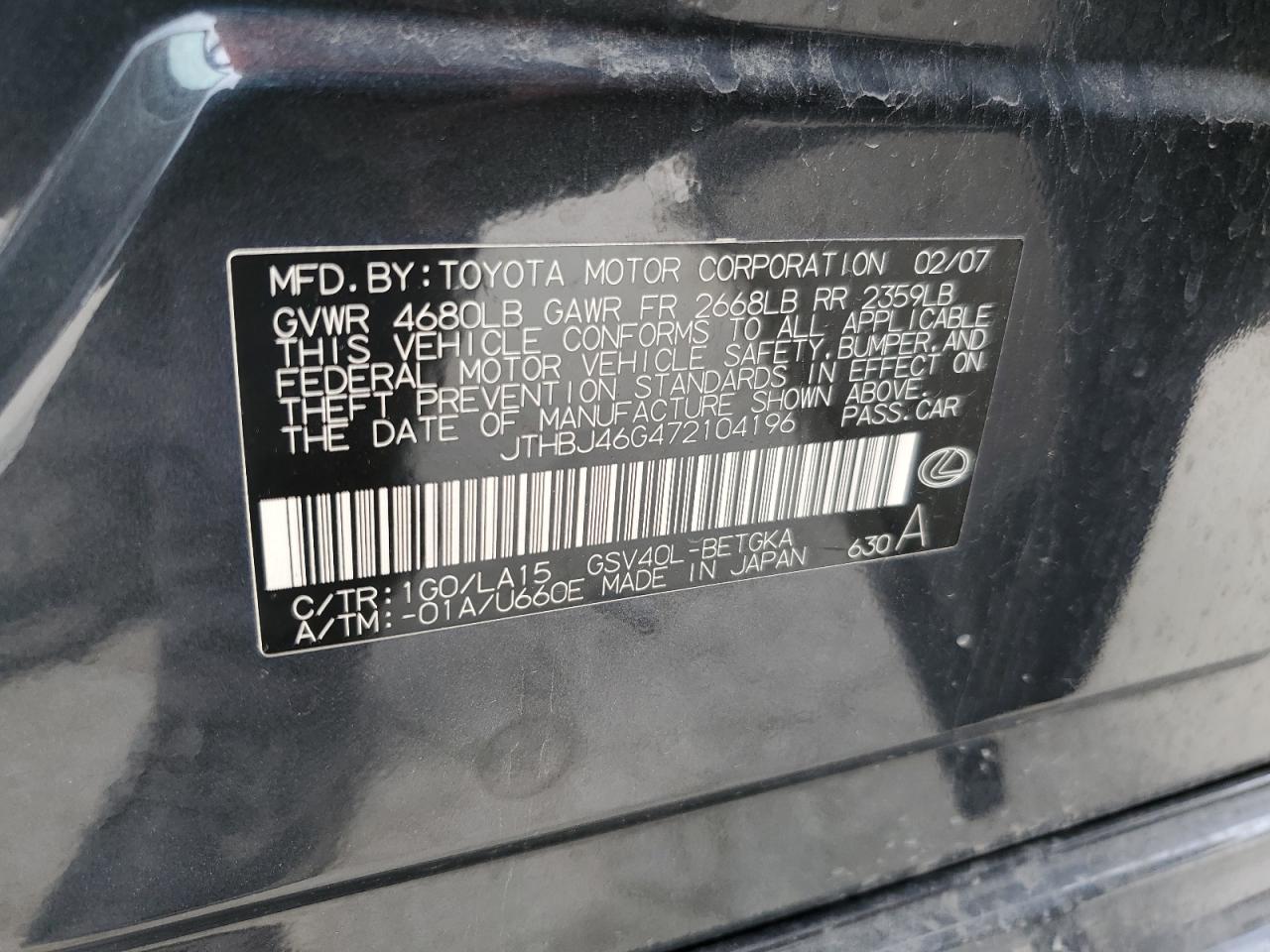jthbj46g472104196 JTHBJ46G472104196 2007 Lexus Es 350