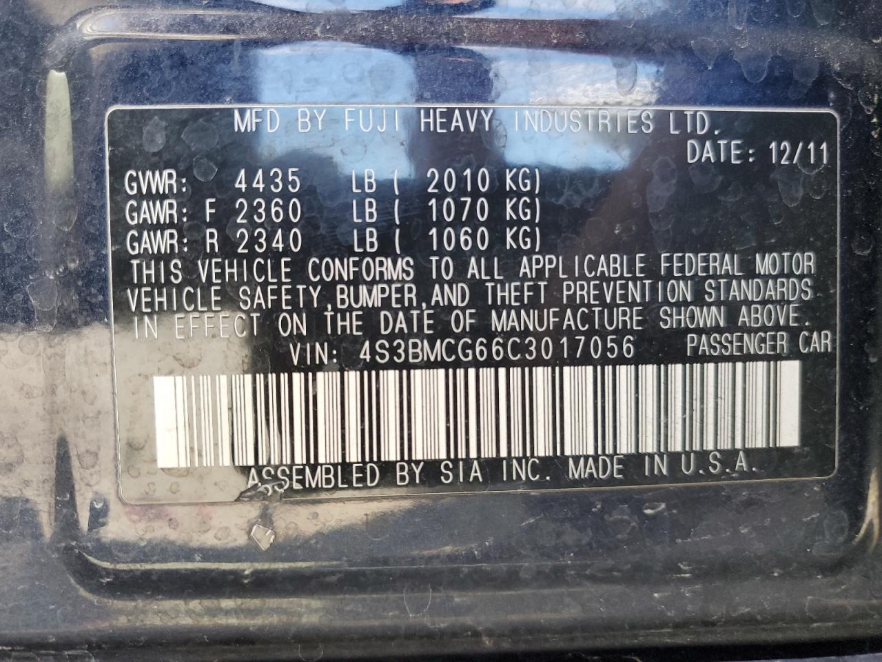 2012 Subaru Legacy 2.5I Premium VIN: 4S3BMCG66C3017056 Lot: 64038185