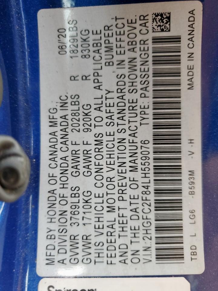 2020 Honda Civic Sport VIN: 2HGFC2F84LH559076 Lot: 64962435