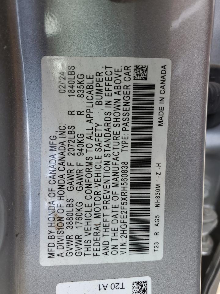 2024 Honda Civic Sport VIN: 2HGFE2F5XRH560838 Lot: 65149105