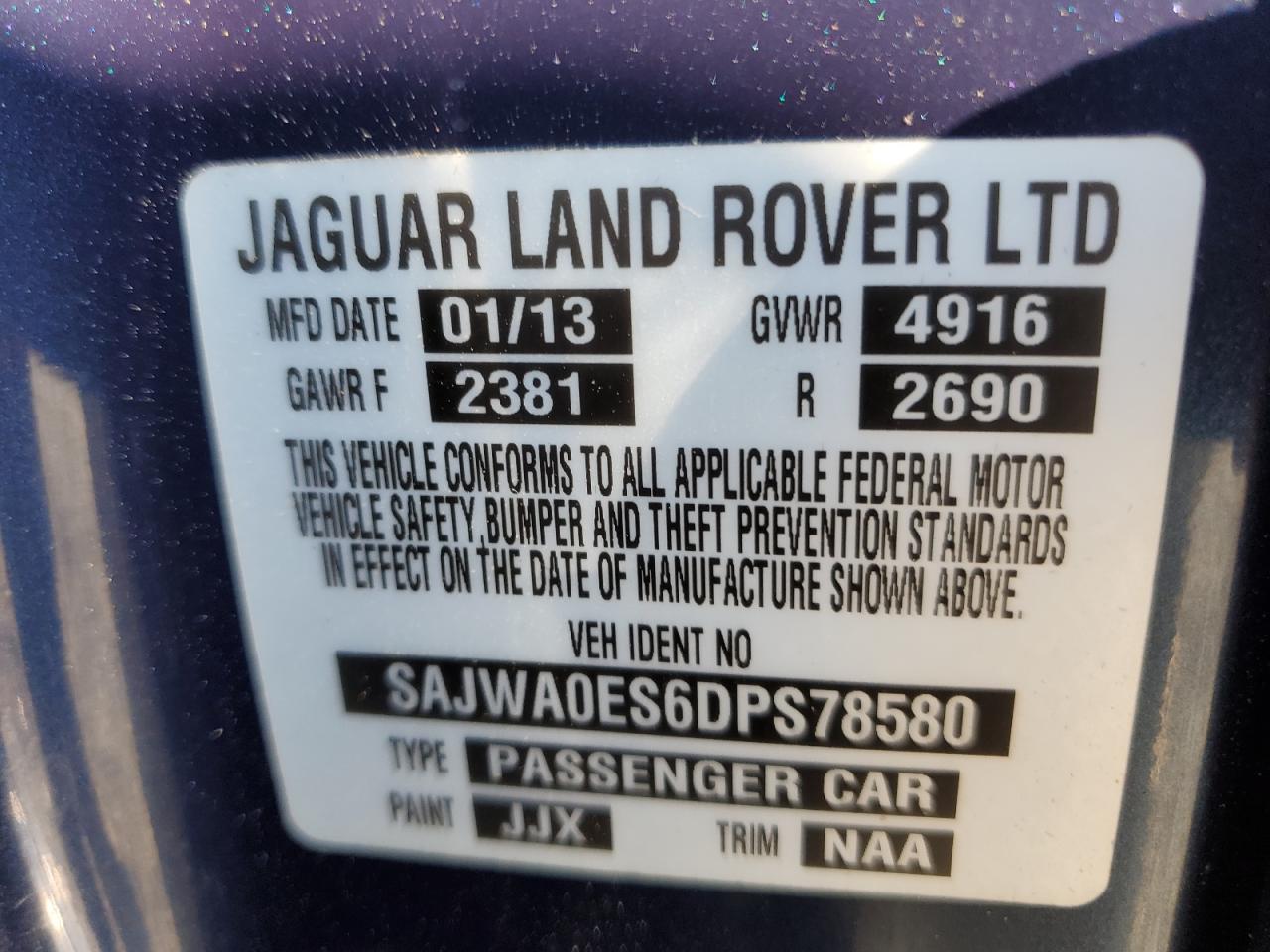 2013 Jaguar Xf VIN: SAJWA0ES6DPS78580 Lot: 63806615