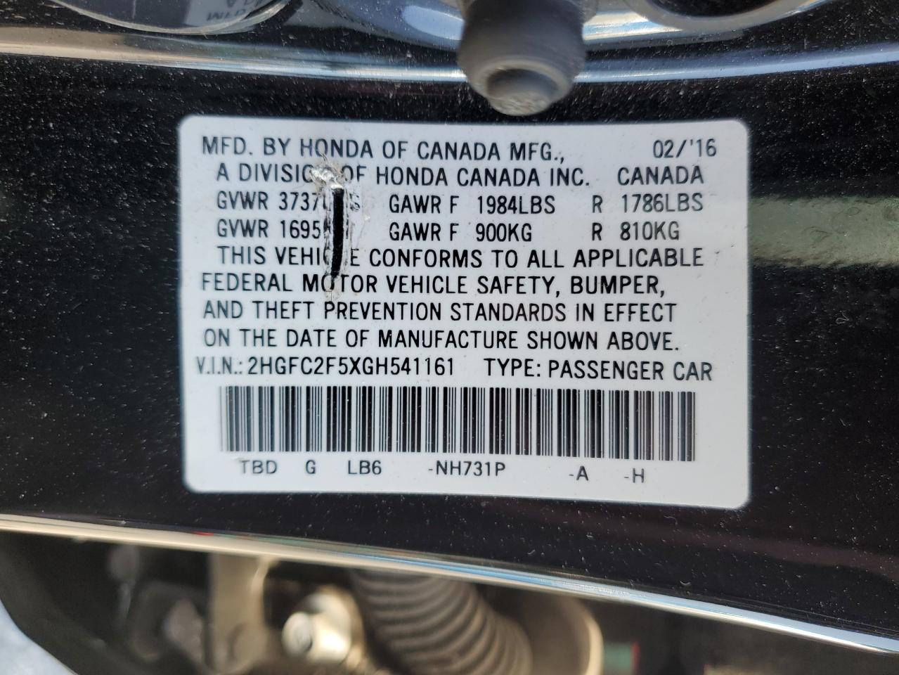 2016 Honda Civic Lx VIN: 2HGFC2F5XGH541161 Lot: 63531345