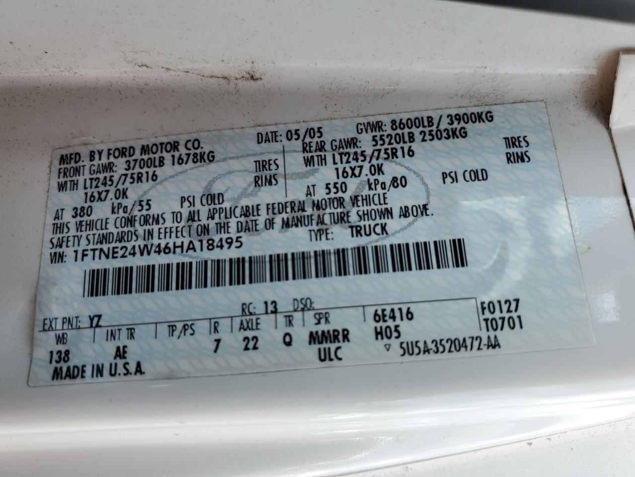 2006 Ford Econoline E250 Van VIN: 1FTNE24W46HA18495 Lot: 62740785