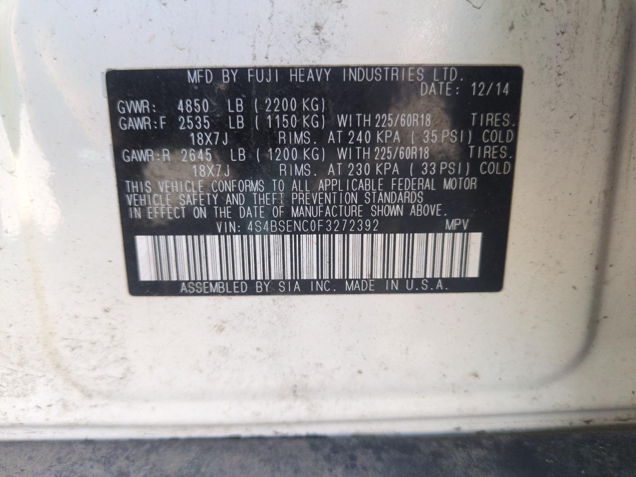 2015 Subaru Outback 3.6R Limited VIN: 4S4BSENC0F3272392 Lot: 63012665