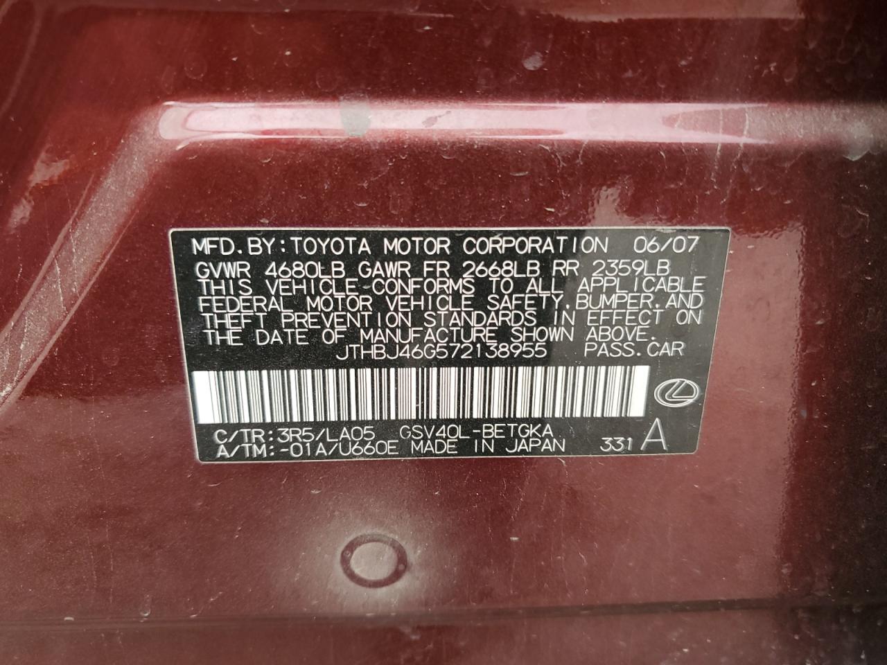 2007 Lexus Es 350 VIN: JTHBJ46G572138955 Lot: 65036645