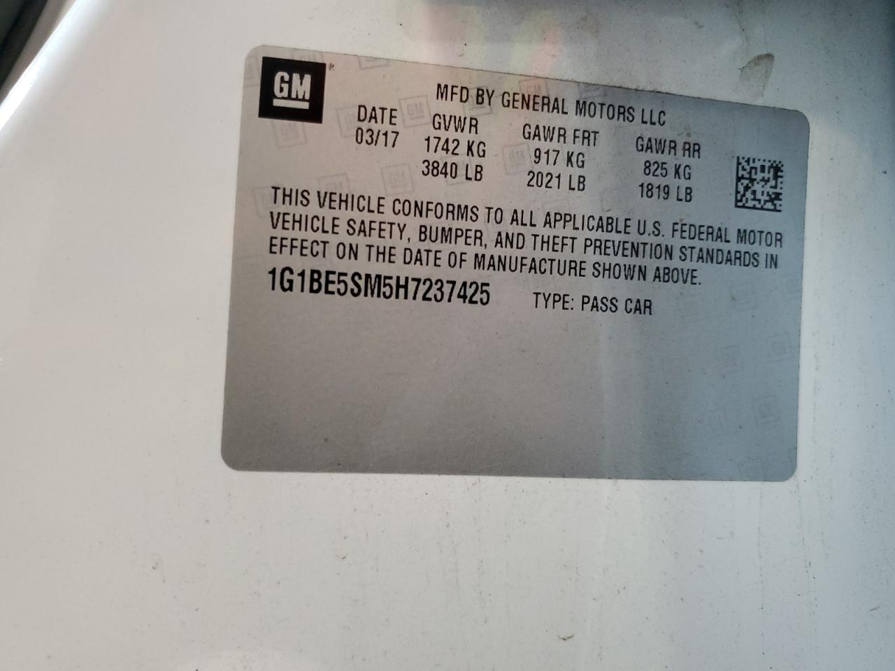 2017 Chevrolet Cruze Lt VIN: 1G1BE5SM5H7237425 Lot: 64375295
