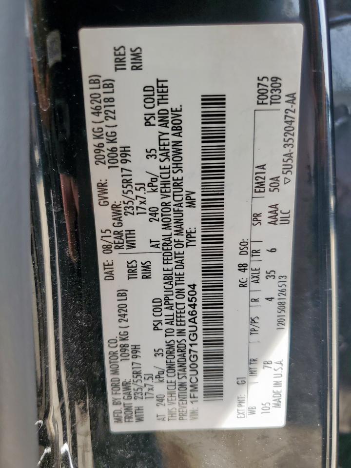 2016 Ford Escape Se VIN: 1FMCU0G71GUA64504 Lot: 65472625