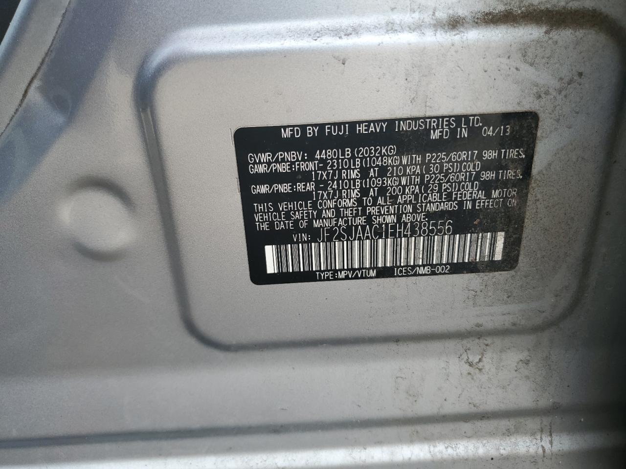 2014 Subaru Forester 2.5I VIN: JF2SJAAC1EH438556 Lot: 63319615