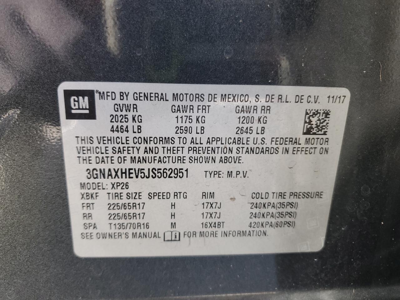 2018 Chevrolet Equinox Ls VIN: 3GNAXHEV5JS562951 Lot: 62494515