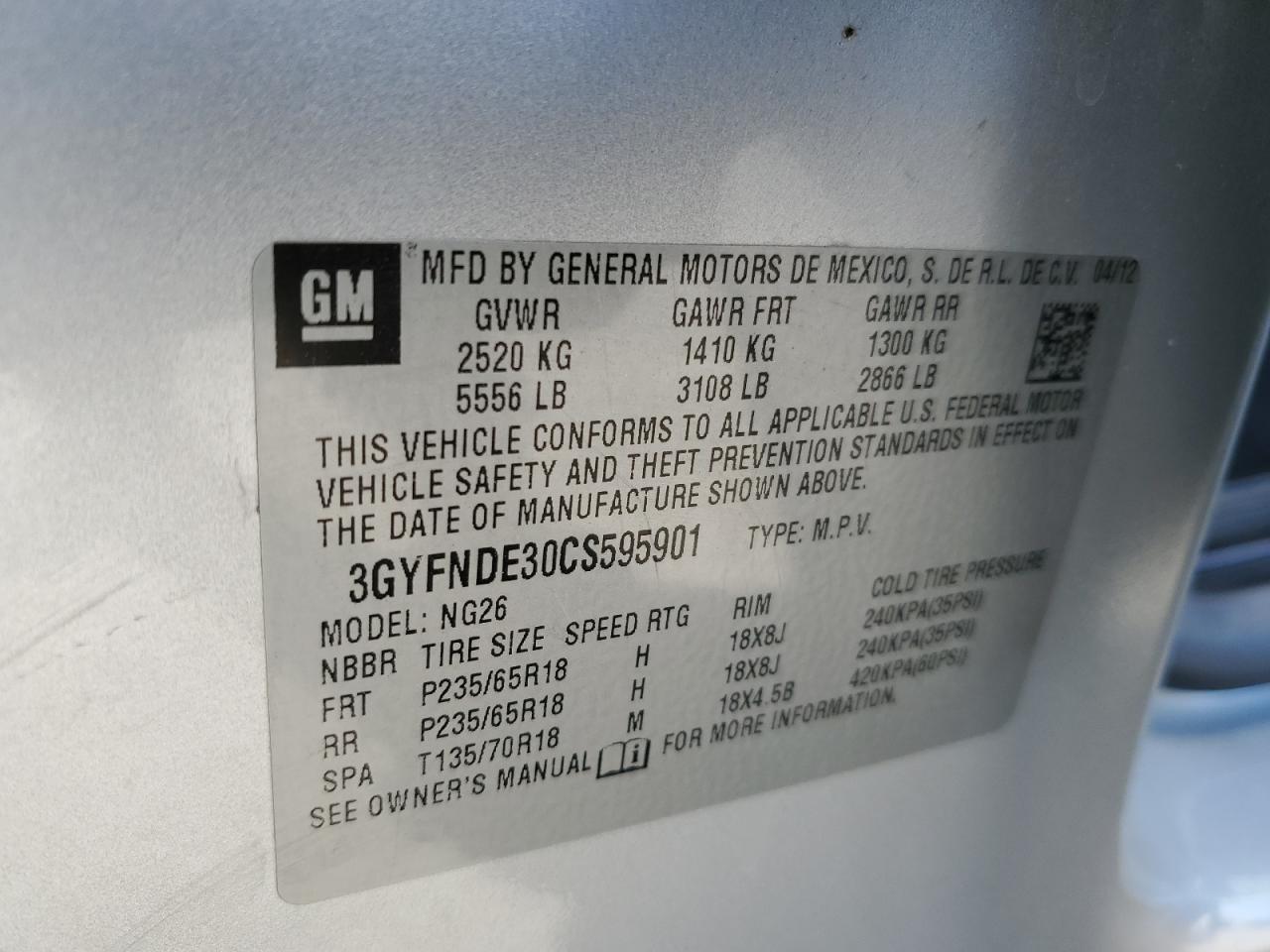2012 Cadillac Srx Luxury Collection VIN: 3GYFNDE30CS595901 Lot: 63866295