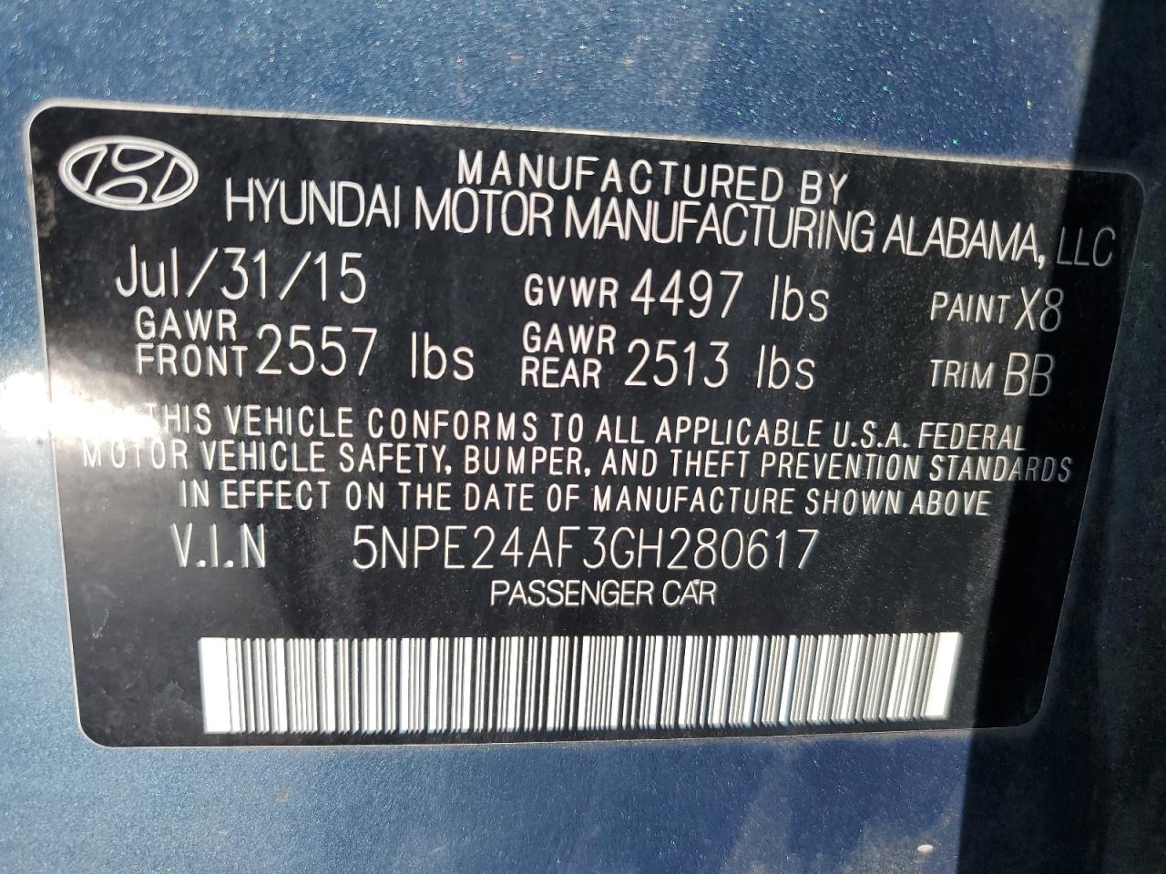 2016 Hyundai Sonata Se VIN: 5NPE24AF3GH280617 Lot: 64801405