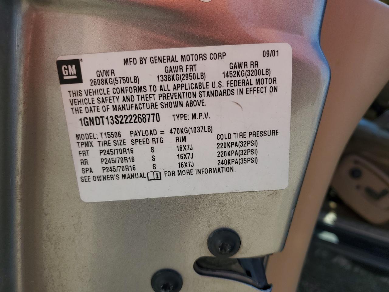 1gndt13s222268770 1GNDT13S222268770 2002 Chevrolet Trailblazer