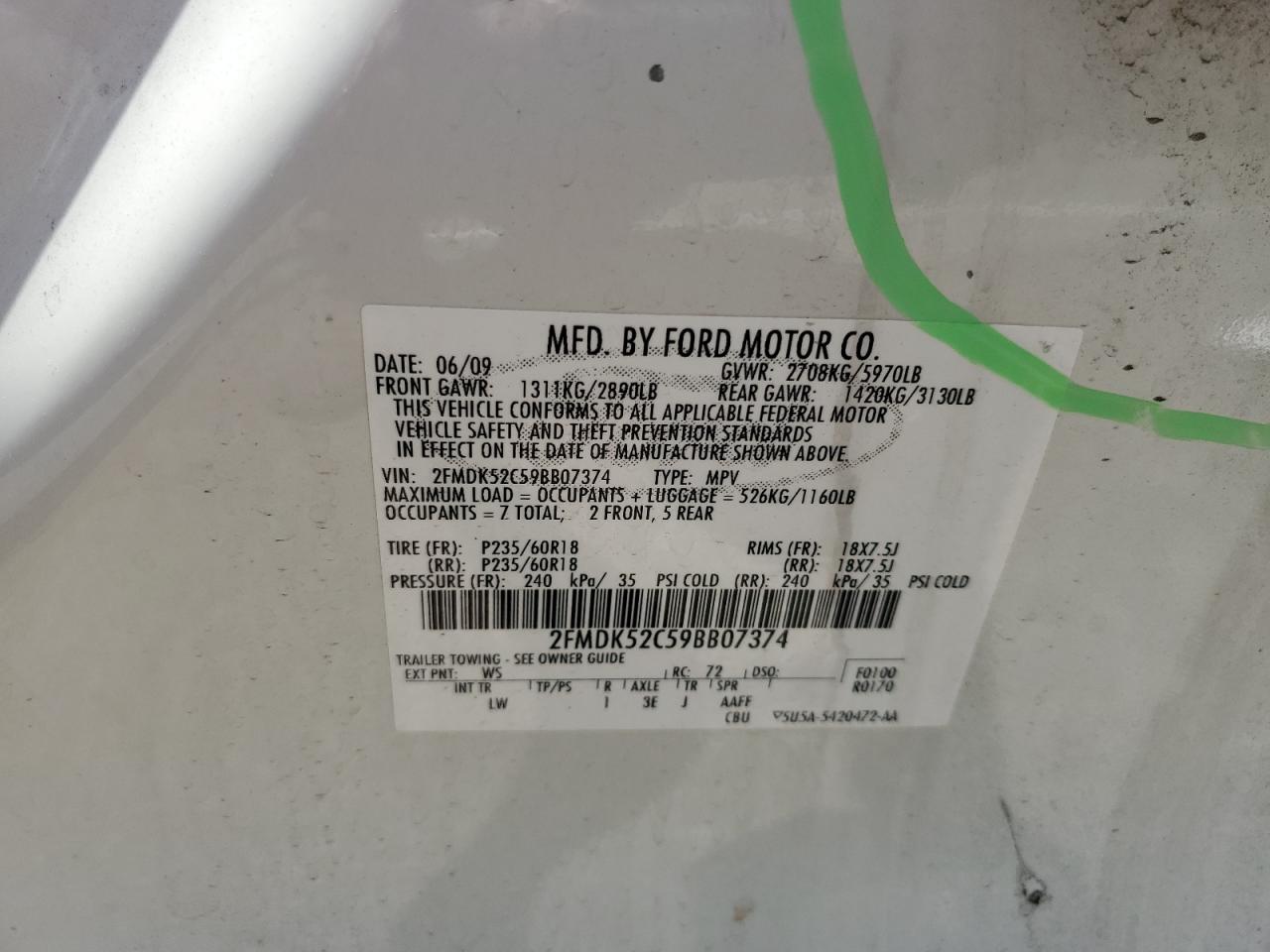 2009 Ford Flex Sel VIN: 2FMDK52C59BB07374 Lot: 63318545