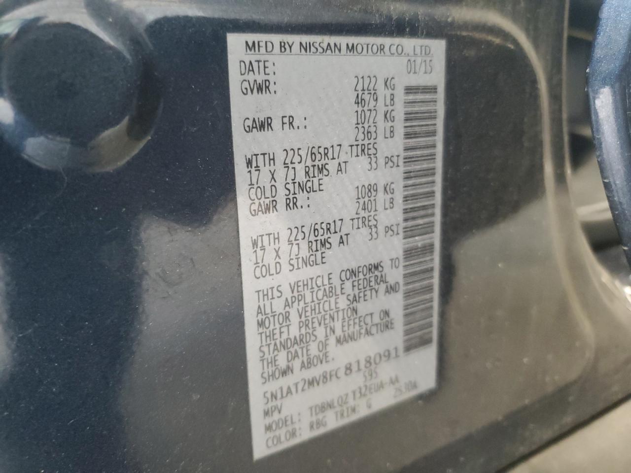 2015 Nissan Rogue S VIN: 5N1AT2MV8FC818091 Lot: 64131555