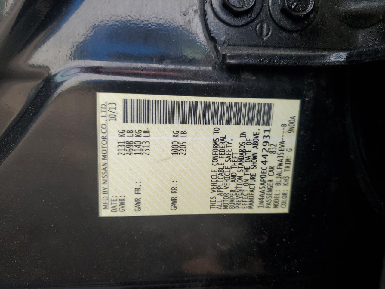 2014 Nissan Maxima S VIN: 1N4AA5AP0EC442931 Lot: 64928755
