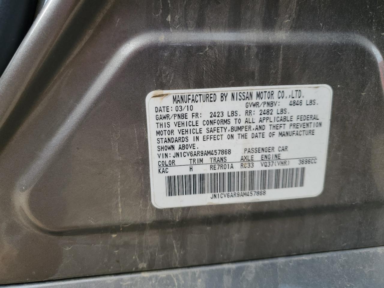 2010 Infiniti G37 VIN: JN1CV6AR9AM457868 Lot: 63687125
