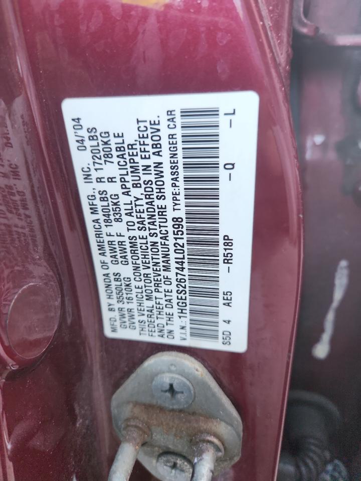 2004 Honda Civic Ex VIN: 1HGES26744L021598 Lot: 63216165