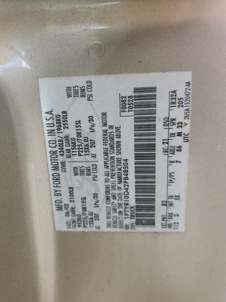 2002 Ford Ranger VIN: 1FTYR10D42PB48504 Lot: 64968425