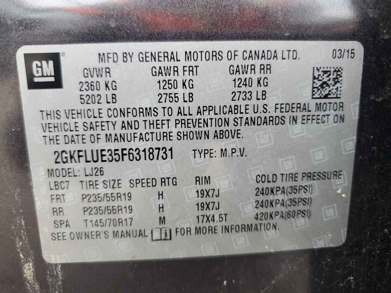2015 GMC Terrain Denali VIN: 2GKFLUE35F6318731 Lot: 64215735