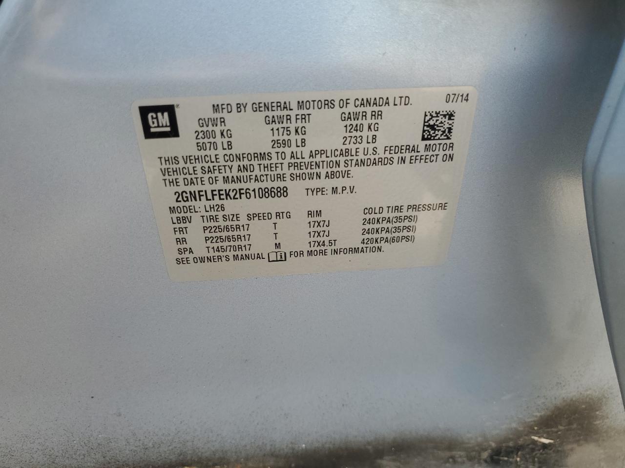 2015 Chevrolet Equinox Lt VIN: 2GNFLFEK2F6108688 Lot: 65426705