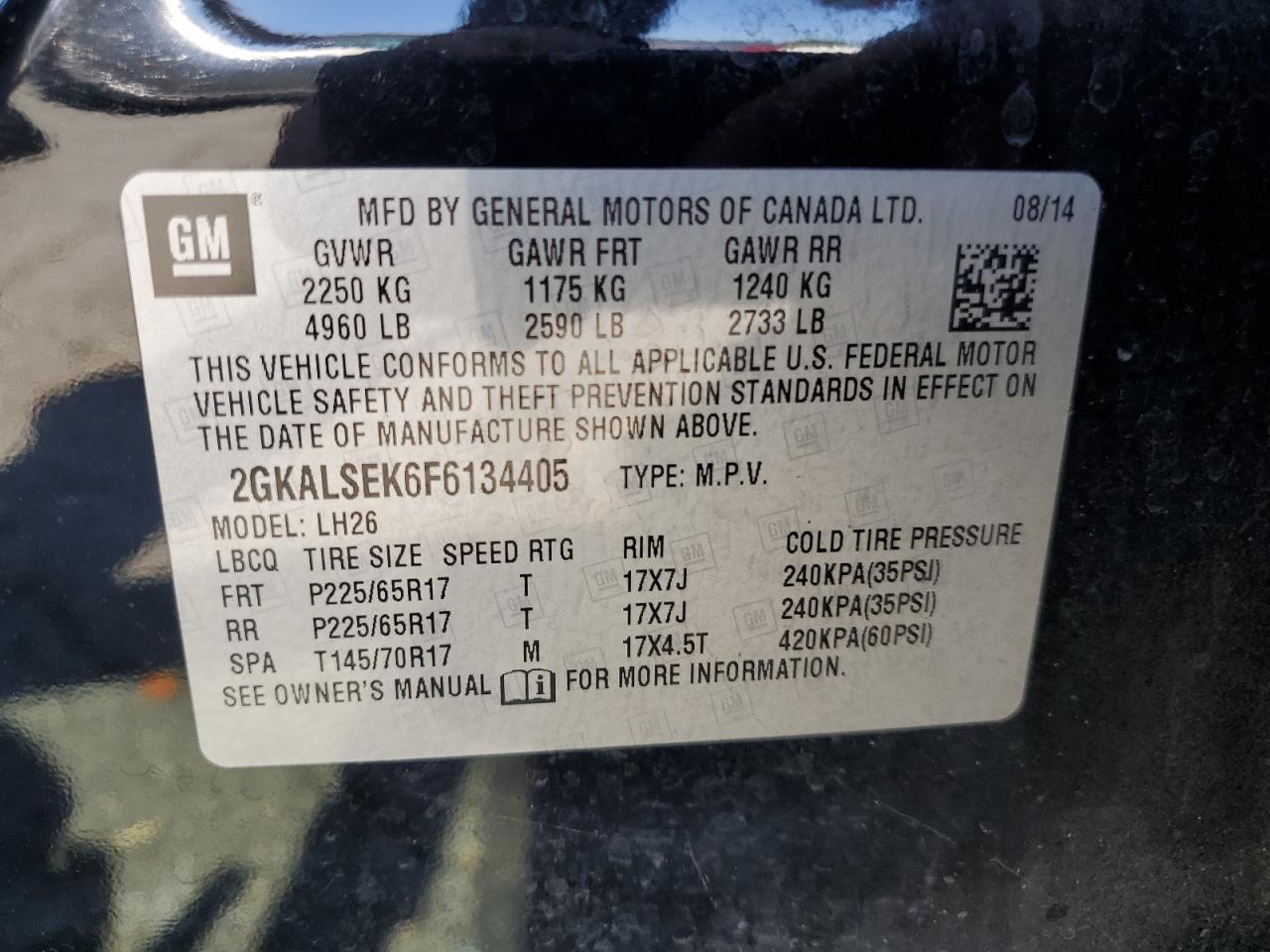 2015 GMC Terrain Slt VIN: 2GKALSEK6F6134405 Lot: 64506975