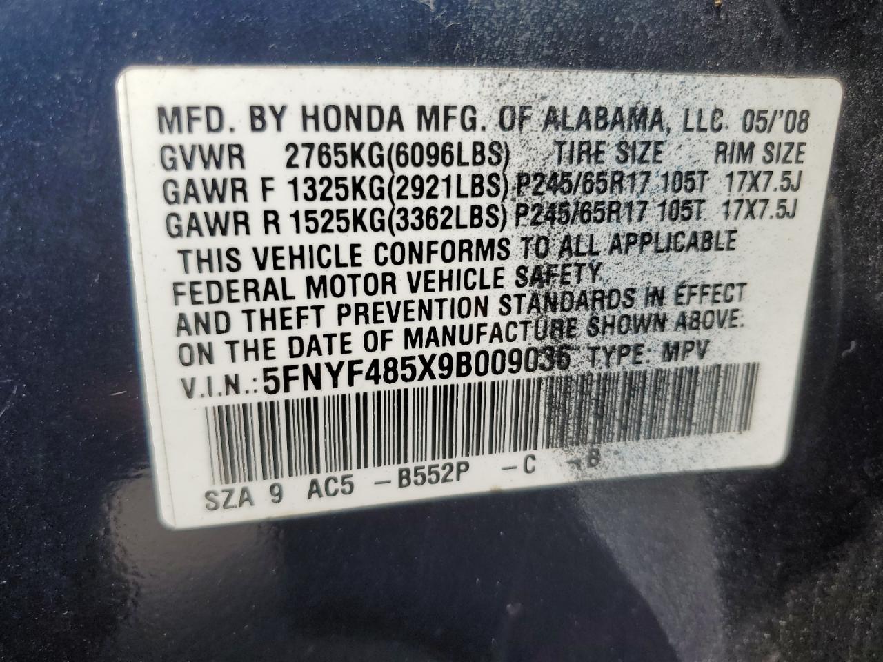 2009 Honda Pilot Exl VIN: 5FNYF485X9B009036 Lot: 64895265