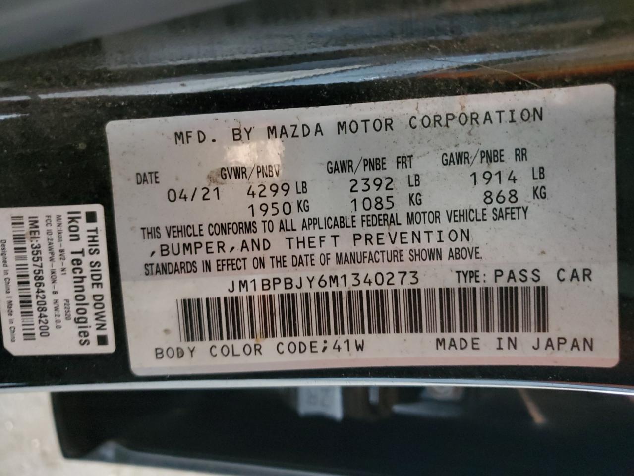 2021 Mazda 3 VIN: JM1BPBJY6M1340273 Lot: 63325325