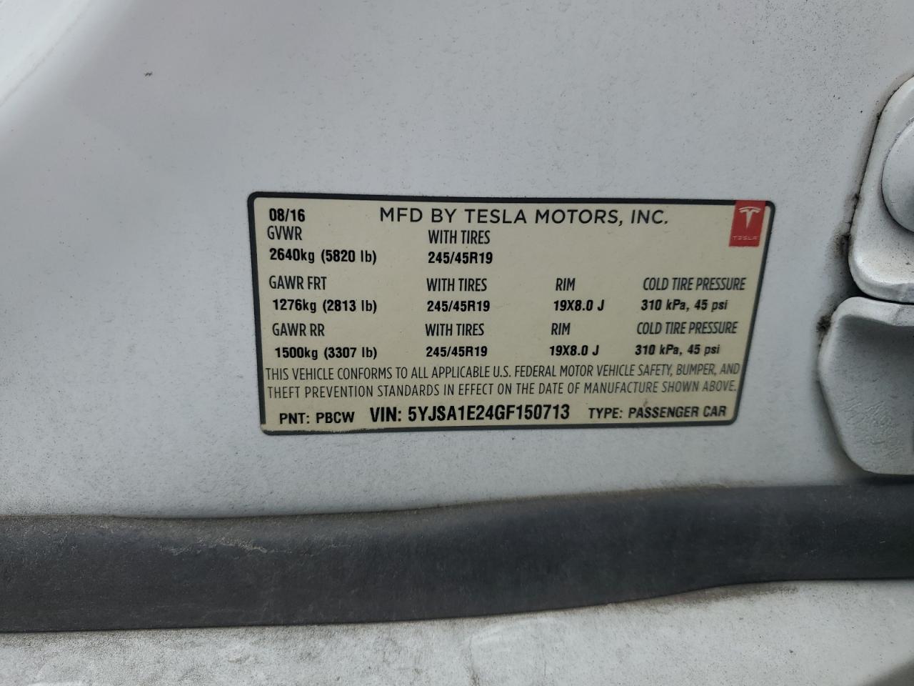 2016 Tesla Model S VIN: 5YJSA1E24GF150713 Lot: 65731825