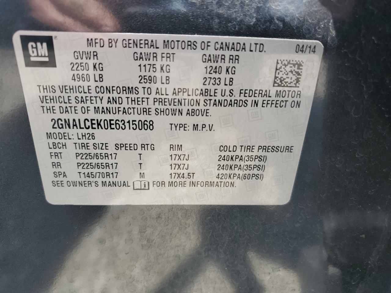 2014 Chevrolet Equinox Lt VIN: 2GNALCEK0E6315068 Lot: 63274035