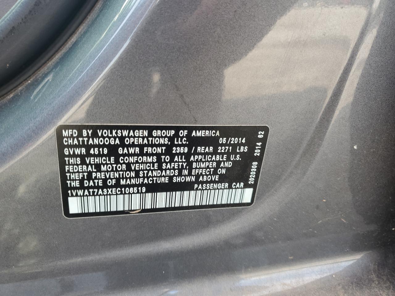 2014 Volkswagen Passat S VIN: 1VWAT7A3XEC106519 Lot: 64793285