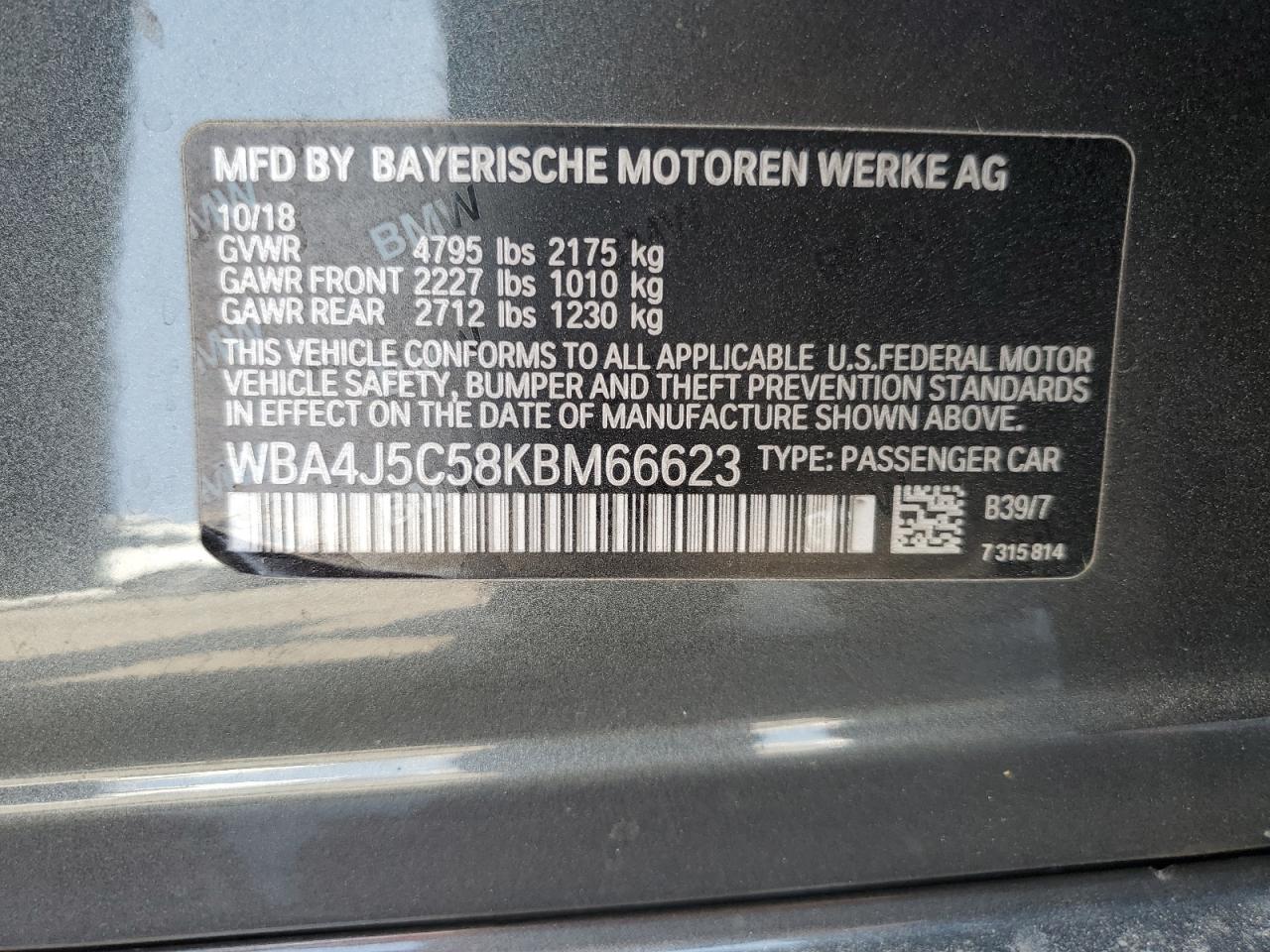 2019 BMW 440I Gran Coupe VIN: WBA4J5C58KBM66623 Lot: 64742445