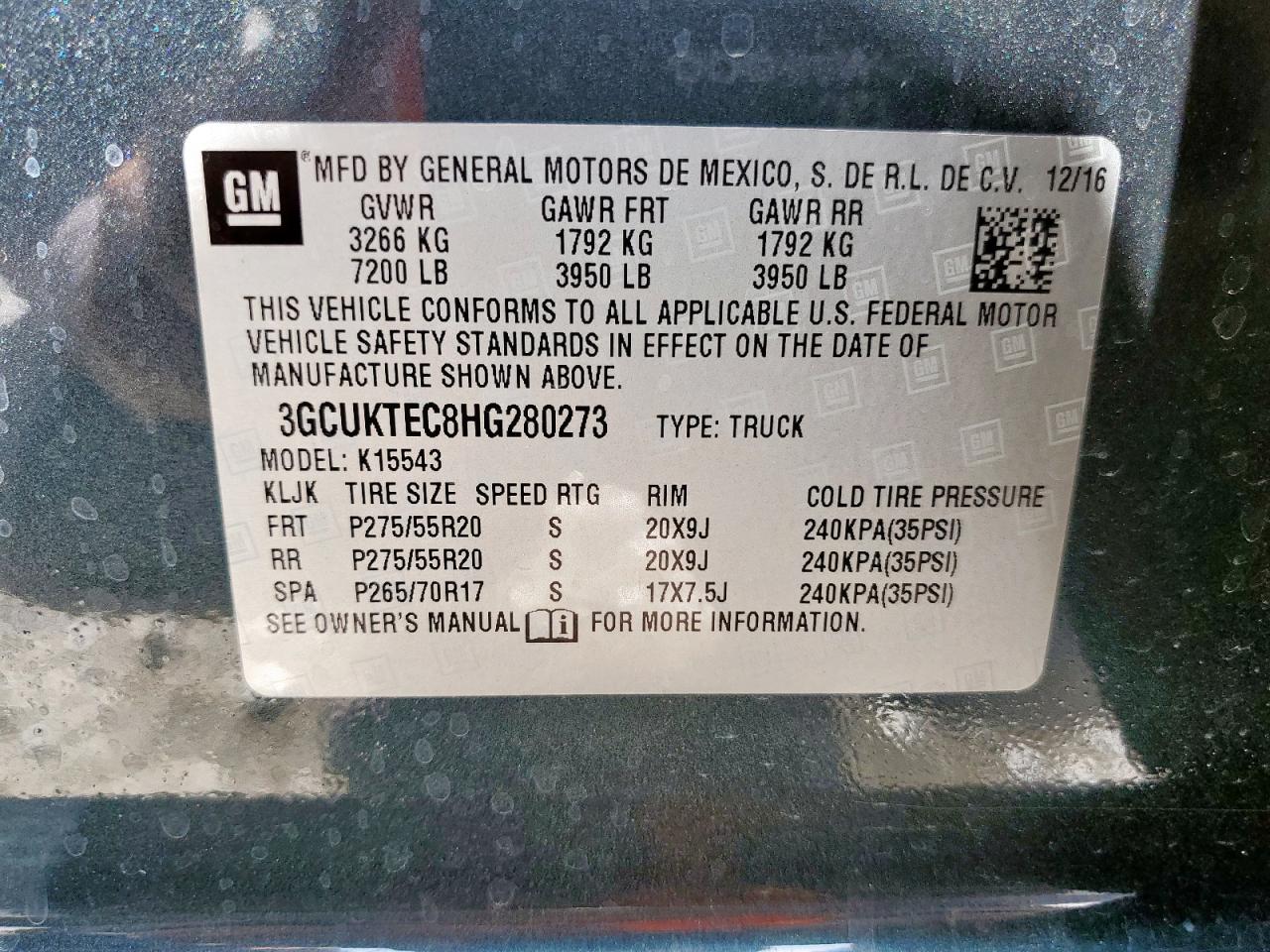 2017 Chevrolet Silverado K1500 High Country VIN: 3GCUKTEC8HG280273 Lot: 65010135