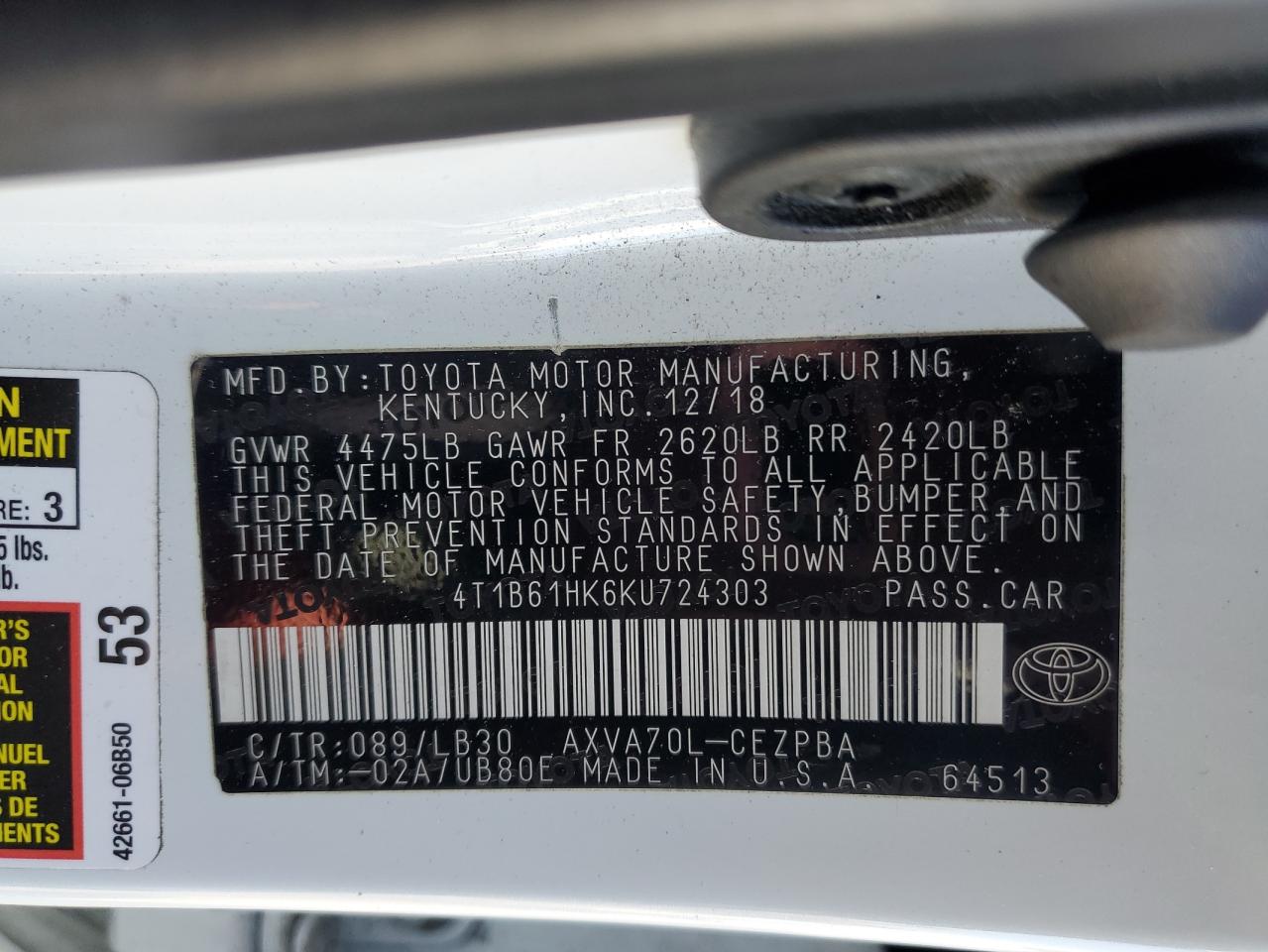 2019 Toyota Camry Xse VIN: 4T1B61HK6KU724303 Lot: 63319125