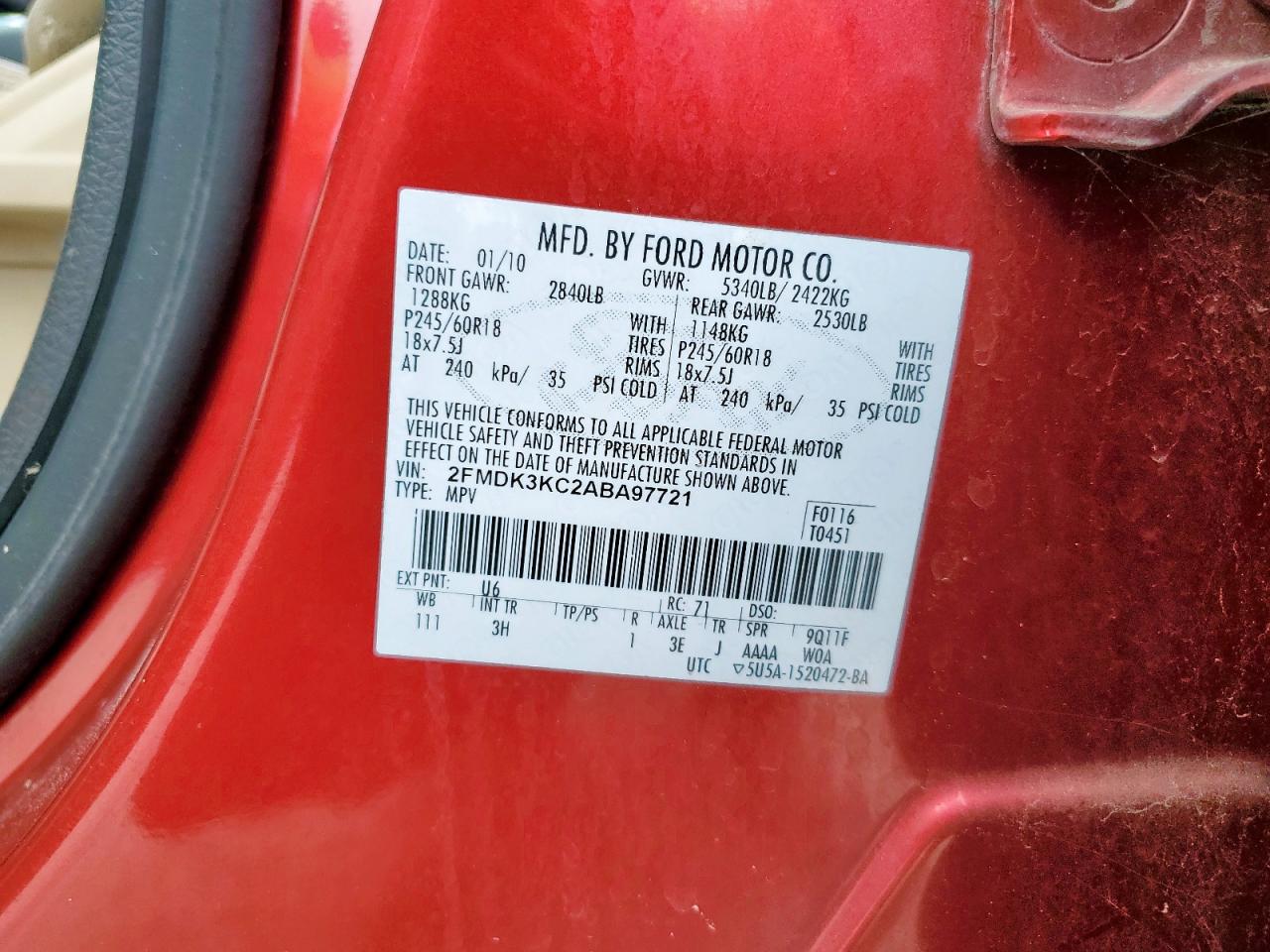 2010 Ford Edge Limited VIN: 2FMDK3KC2ABA97721 Lot: 64509675