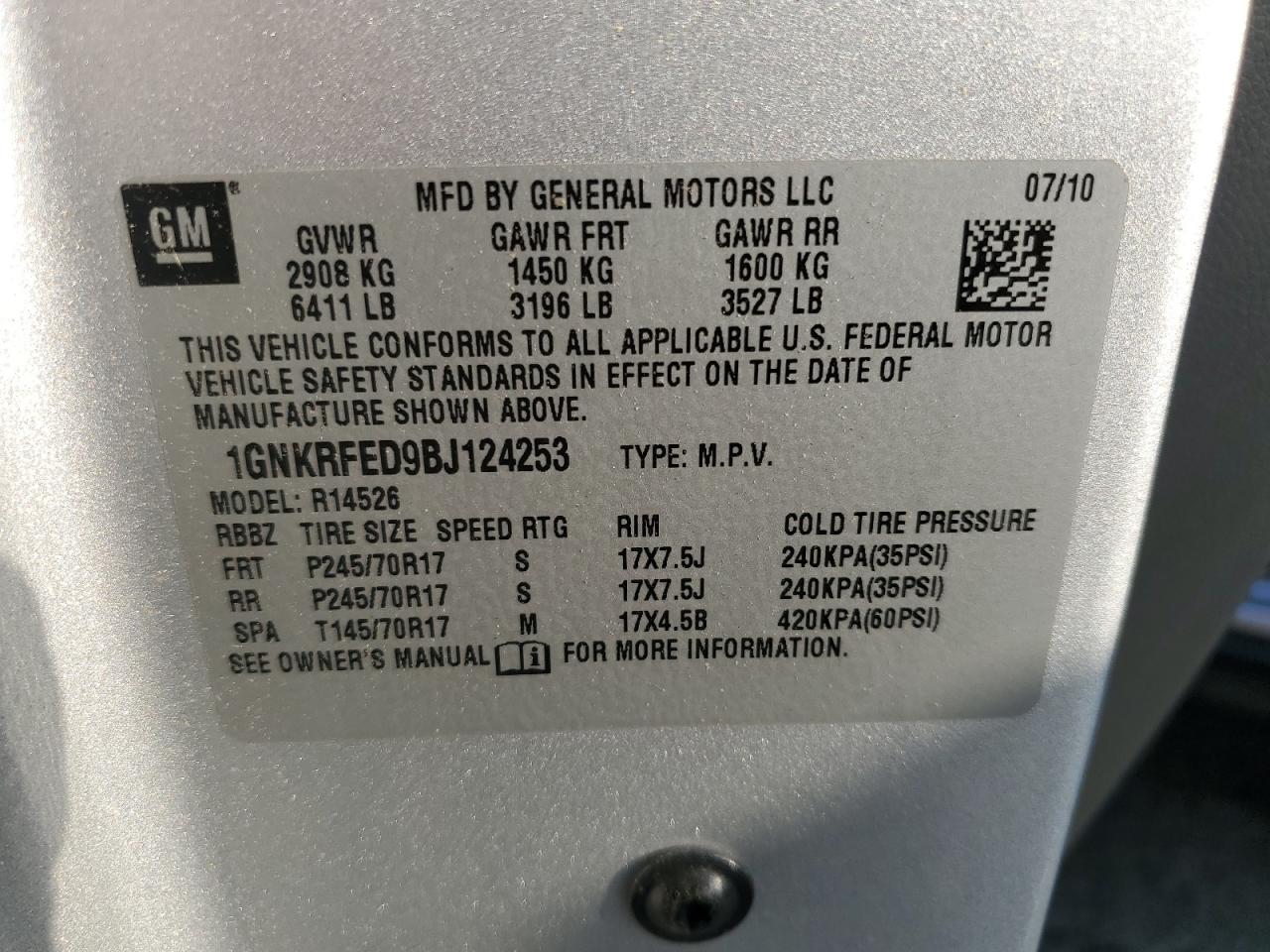 2011 Chevrolet Traverse Ls VIN: 1GNKRFED9BJ124253 Lot: 61588705