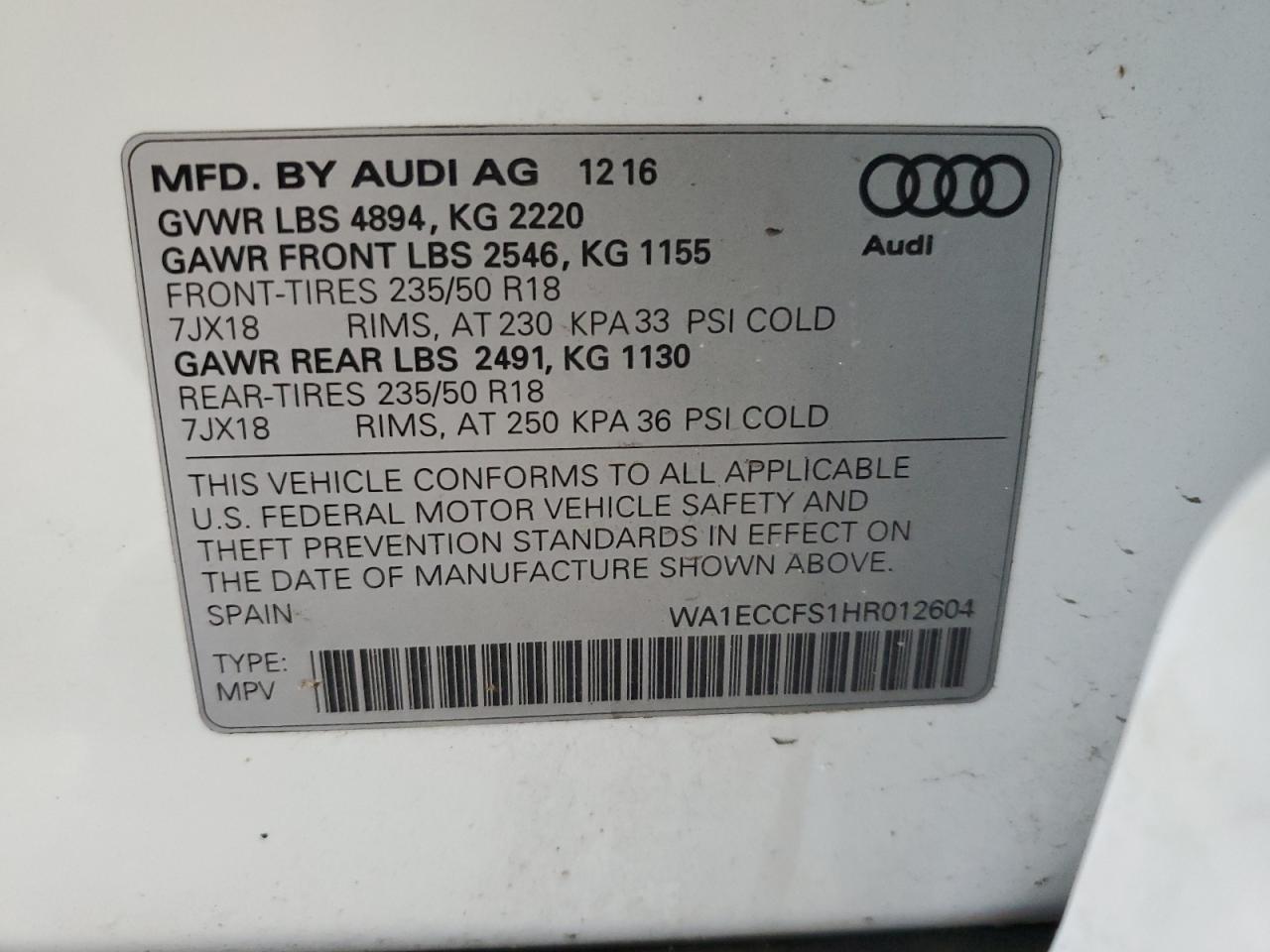 2017 Audi Q3 Premium VIN: WA1ECCFS1HR012604 Lot: 62859885